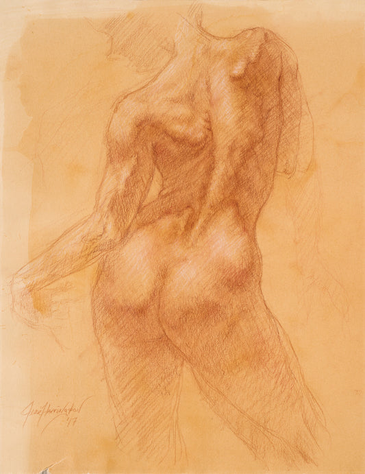 Hand Drawn image of a nude female model from behind