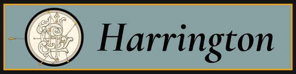 Harrington logo with a decorative emblem on a teal background